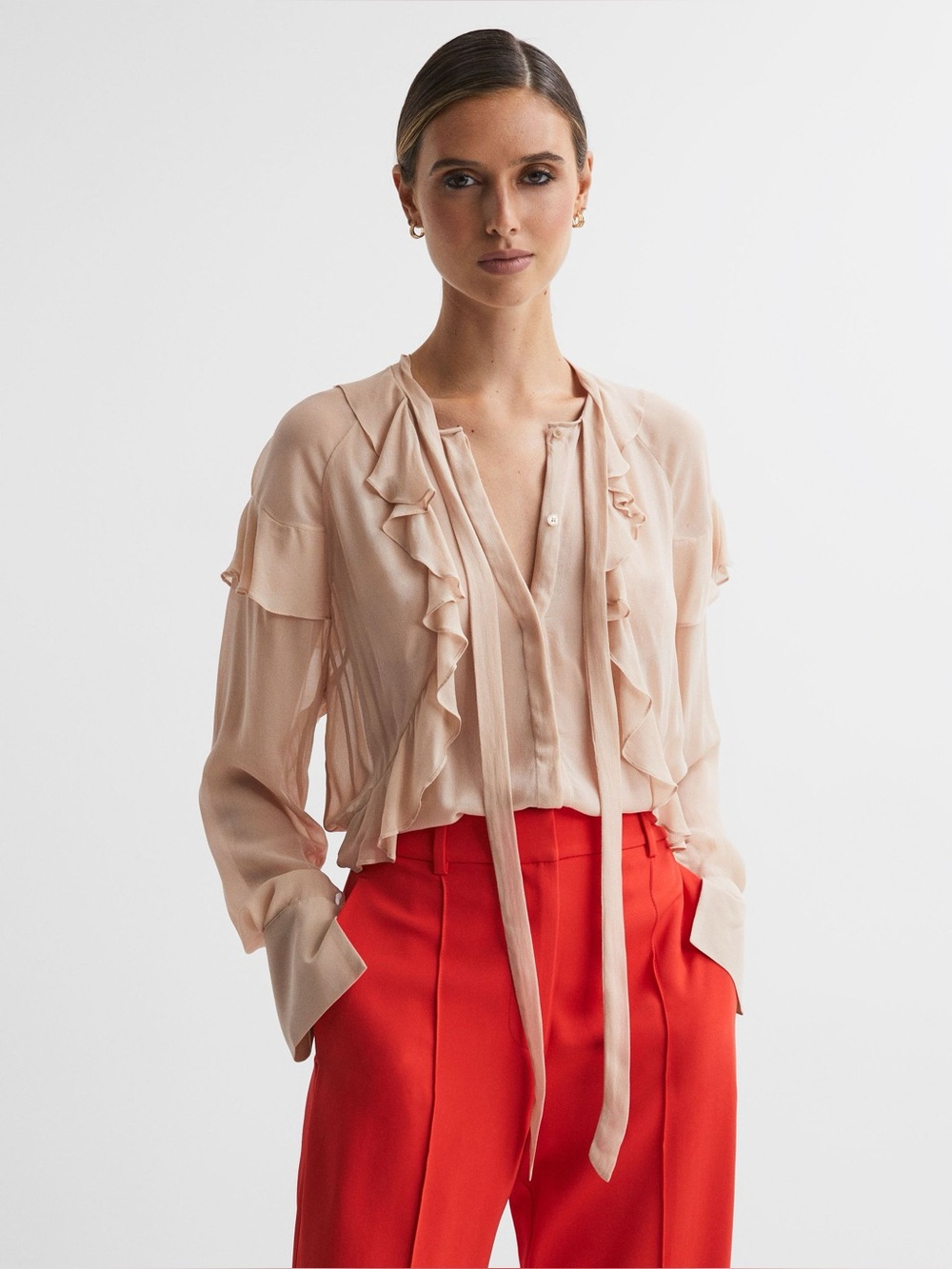 REISS Sheer Ruffle Blouse in the shade nude. Women’s size 2 (v)